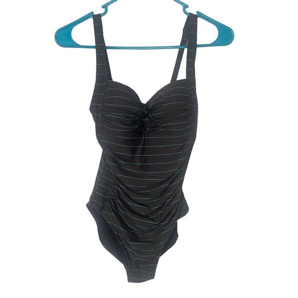 BOND-EYE Australia Striped One Piece Swimsuit Dark Gray Turquoise 4 D/DD H-56 - Picture 1 of 11